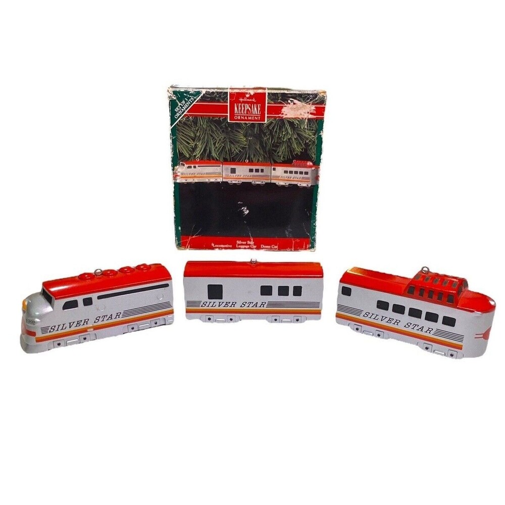 Hallmark 1992 SILVER STAR 3pc CAST METAL TRAIN KEEPSAKE ORNAMENT Locomotive +